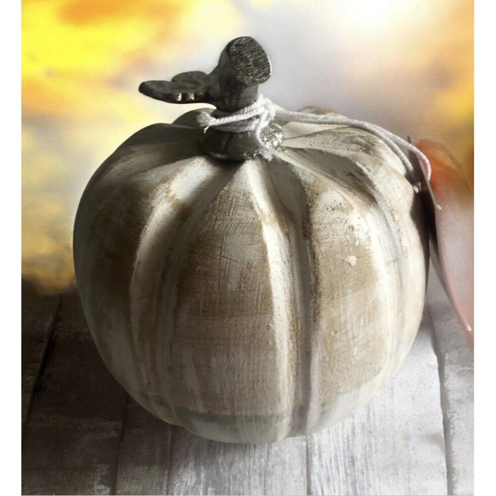 Martha Stewart Wooden Pumpkin 6" Distressed White Wood Silver Stem Thanksgiving